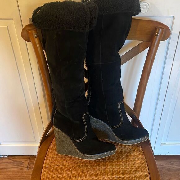 Steve Madden Carleyy black suede 3” wedge faux fur tall boot 8 - Picture 9 of 9